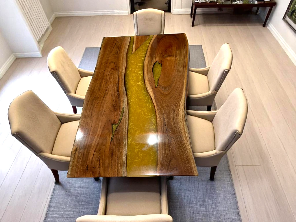 Live Edge Dining Table With Yellow Resin Epoxy 